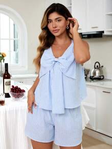 KURAYIA Conjunto de 2 piezas de mujer talla grande de top corto sin mangas con lazo y shorts de tela arrugada con rayas, estilo vacacional, para primavera/verano