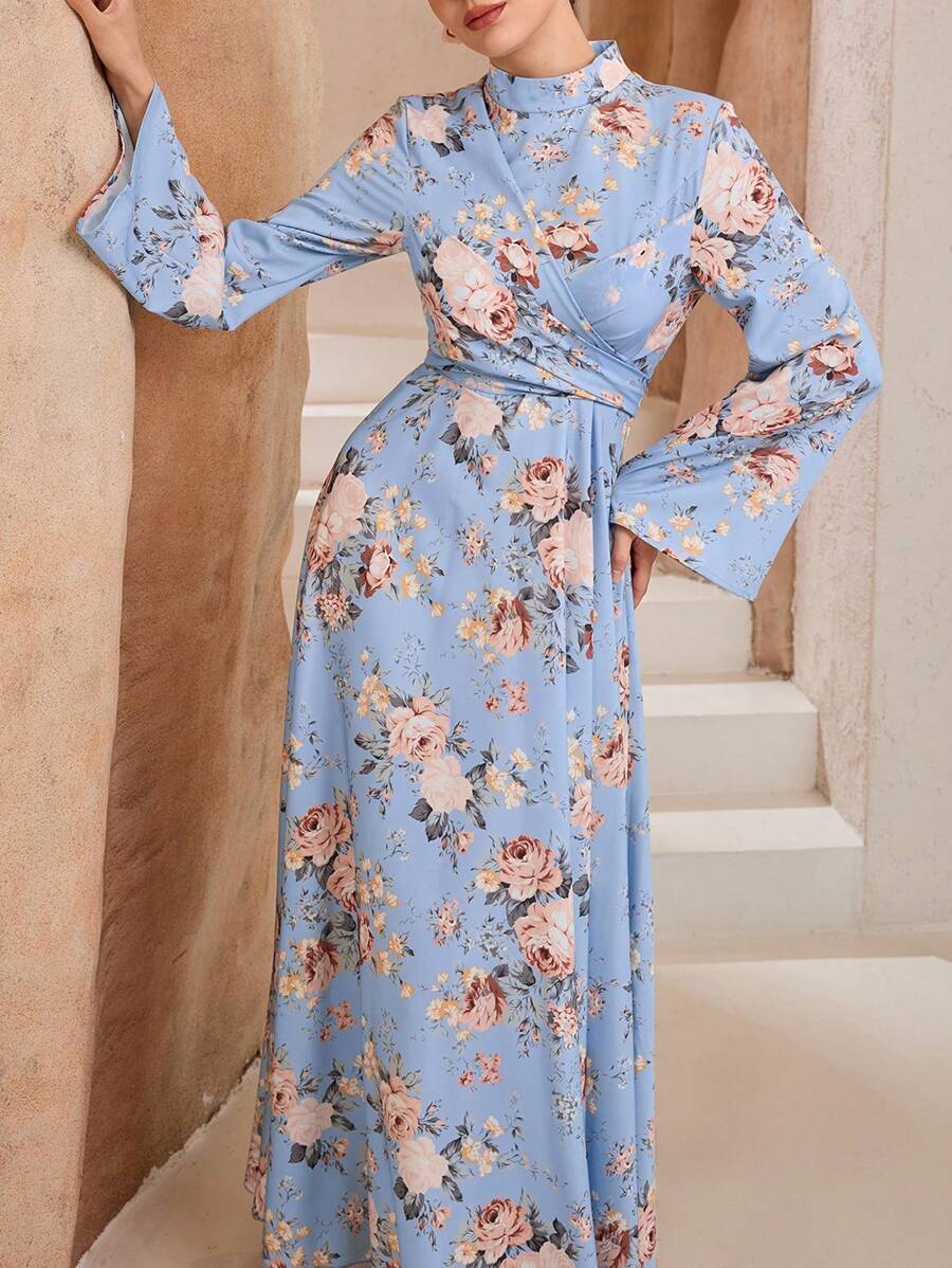 Graceveil Stand Collar Cross Strap Flare Sleeve Women Arabic Long Dress - Blue - View 1