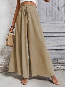 Breezaya Black Casual Wide Leg Pants, Solid Color Minimalist, Suitable For Summer Fall Cloth For Women - Khaki - View 4