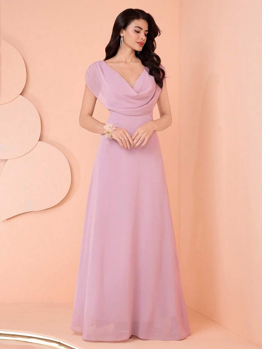 SHEIN Belle 女士优雅纯色露肩伴娘礼服（成人） - 紫色 - 查看 1