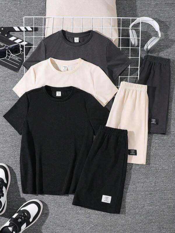 SHEIN 6 Stücke/Set Tween Jungen lässiges Set aus Metallhalskette, Deko-Rundhals Kurzarm T-Shirt und Shorts, sehr attraktiv, geeignet für Ausflüge, Straße, Party, Lässig Zuhause