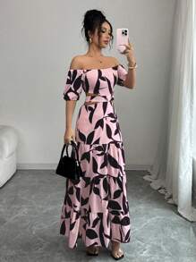 Elenzga Váy đi nghỉ hở vai buộc dây hở vai cho nữ (Họa tiết hoa) - Hồng - Xem 3