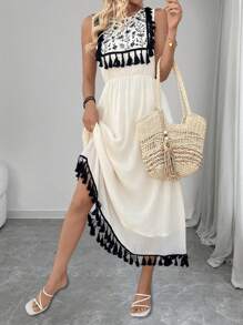 Chiquease Women's Round Neck Chiffon Fabric Contrast Floral Embroidered Tassel Decor Cinched Waist Comfortable Elegant Sweet Vacation Dress - Beige - View 4