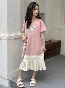 DAZY Tween Girl Round Neck Knit Short Sleeve Butterfly Print Patchwork Dress, Summer,Back To School Clothes - Pink - View 6