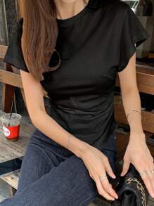 DAZY 女式修身不对称下摆腰部收褶 T 恤夏季 - 黑色 - 查看 8