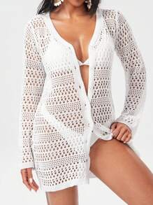 SHEIN 女士海滩夏季罩衫，白色镂空钩针编织长袖罩衫，优雅节日波西米亚风格 - 白色 - 查看 3