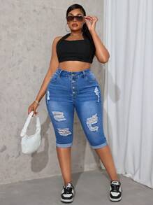 大码纯色牛仔裤，时尚休闲，适合夏季 - 淺色水洗藍 - 查看 5