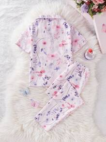 SHEIN 2pcs/Set Girl's Apricot Cherry Print Long Pants & Short Sleeve Casual Loose Homewear Set