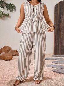 EMERY ROSE 2pcs Plus Size Women Casual Striped V-Neck Front Tie Sleeveless Shirt And Pants Set - Khaki - View 6