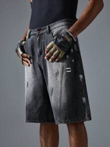 Men's Street Style Oversized Black Embroidered Denim Shorts Cotton, Streetwear Essential - Black - View 2