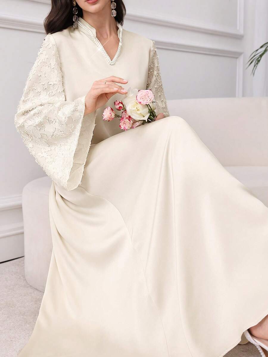 Al Najma 勃艮第红色女士 V 领喇叭袖仿珍珠装饰优雅阿拉伯连衣裙，优雅朴素的华丽束腰外衣阿拉伯连衣裙，适合晚会/休闲日常 - 香檳色 - 查看 1