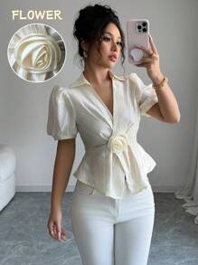 SHEIN Unity Women's Solid Color V-Neck Short Sleeve Floral 3D Shirt - Apricot - View 5