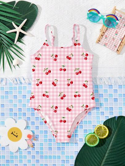 SHEIN LMoss Kids Young Girls' Casual Cherry Print One-Piece Swimsuit, Summer