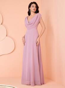 SHEIN Belle 女士优雅纯色露肩伴娘礼服（成人） - 紫色 - 查看 4