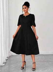 Maweii Plus Size Women's Puff Sleeve Woven Dress - Black - View 3