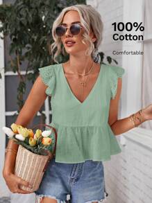 SHEIN Frenchy Vacation Casual Hollow-Out Embroidered Patchwork Cap Sleeve Woven Shirt Summer Green - Mint Green - View 7