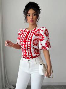 Chiquease Camisa de mujer de mangas cortas abullonadas con cuello redondo y estampado floral para vacaciones - Multicolor - Ver 6