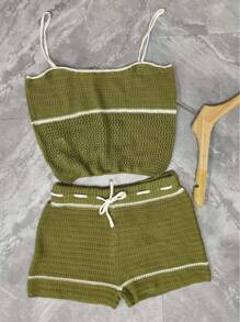 INAWLY Women's Contrast Color Sleeveless Hollow-Out Knit Top And Shorts Casual Suit - Multicolor - View 3