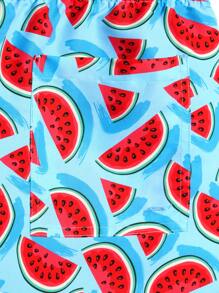 Manfinity Swimmode Men's Watermelon Print Drawstring Waist Loose Shorts  Men Swim Trunks - Blue - View 6