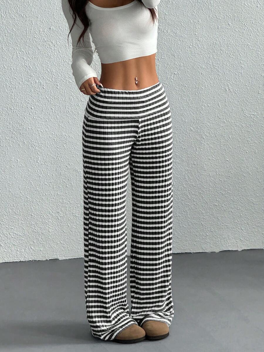 CovetEZ Women's Striped Straight Leg Loose Casual Versatile Pants Women Wide Leg Pants - Black and White - View 1