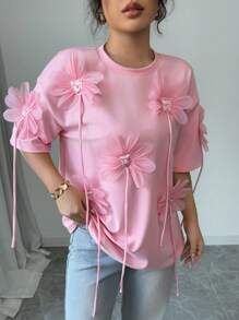 Elenzga 大码女式 3D 花卉装饰圆领短袖休闲 T 恤 - 粉色 - 查看 7