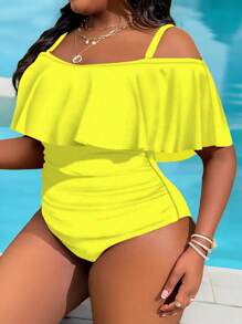 Slaydiva 大码女式露肩荷叶边连体泳衣 - 黃色 - 查看 4