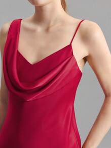 Ontre 2025 New Women Wedding Guest Dress, Asymmetric Neckline Single Slit Elegant Dress, Red Taffeta Fabric, Spring/Summer - Red - View 3
