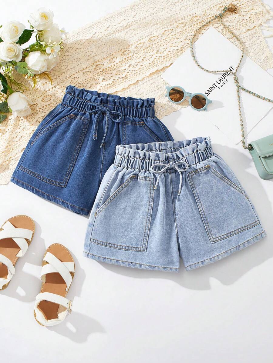 SHEIN Tween-Mädchen Frühlings- und Sommerferien, 2-teilig, süße Rüschen, Schleife, lässige Baggy-Denim Shorts, Sommer, Strand, Boho, Konzert, Rave, Festival, lässige zweiteilige Outfits, Schule, Campus, College