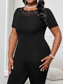 SHEIN Lady Camiseta de manga corta con cuello de volantes bordada, elegante, para ir a la oficina, tallas grandes, apta para primavera, verano y otoño