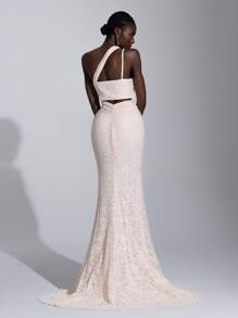 Elitara Vestido de cena formal, vestido de fiesta, vestido de noche, para evento de boda de invitado, elegante y hermoso con escote asimétrico de encaje con lentejuelas rosado, plisado, con abertura lateral alta y cola de pez - Rosa Pálido - Ver 2