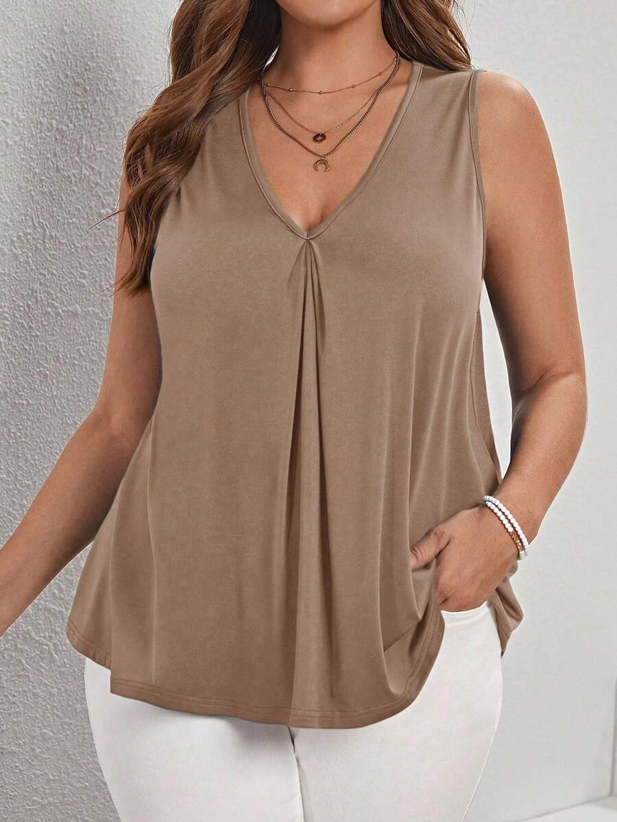 SHEIN LUNE Áo ba lỗ xếp ly cổ chữ V trơn cỡ lớn cho nữ - Màu Khaki - Xem 1