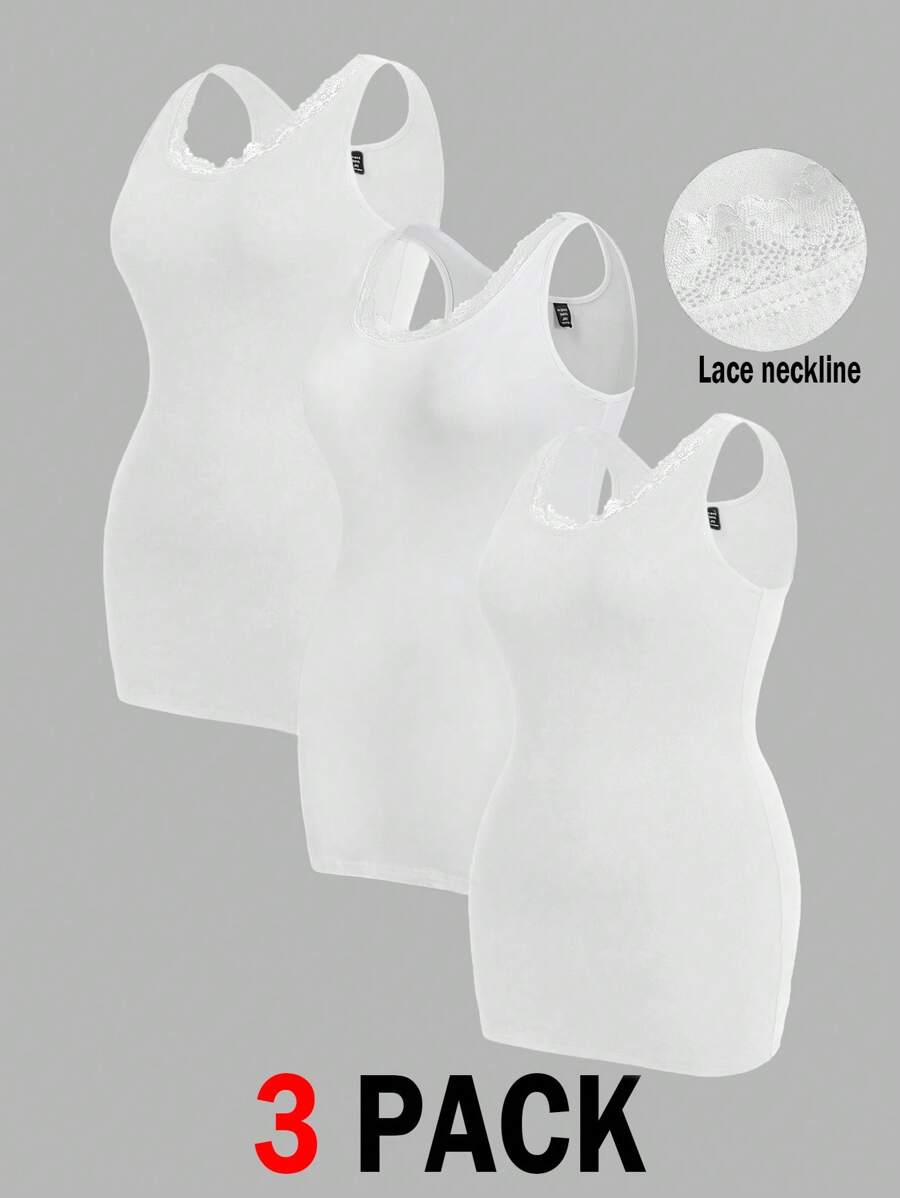SHEIN Essnce Plus Size Women Solid Color Contrast Lace Round Neck Camisole - White - View 1