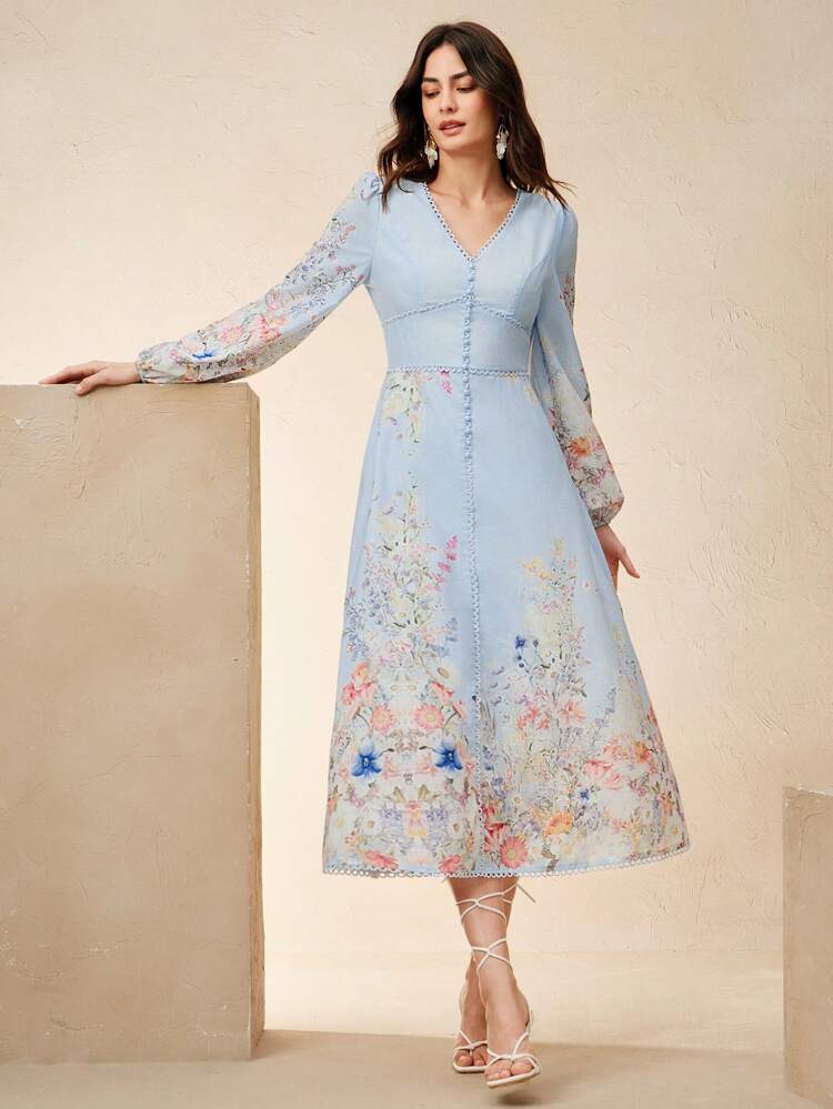 Women's V-Neck Cinched Waist Lantern Sleeve Floral Dress, Spring Outfits For Ladies