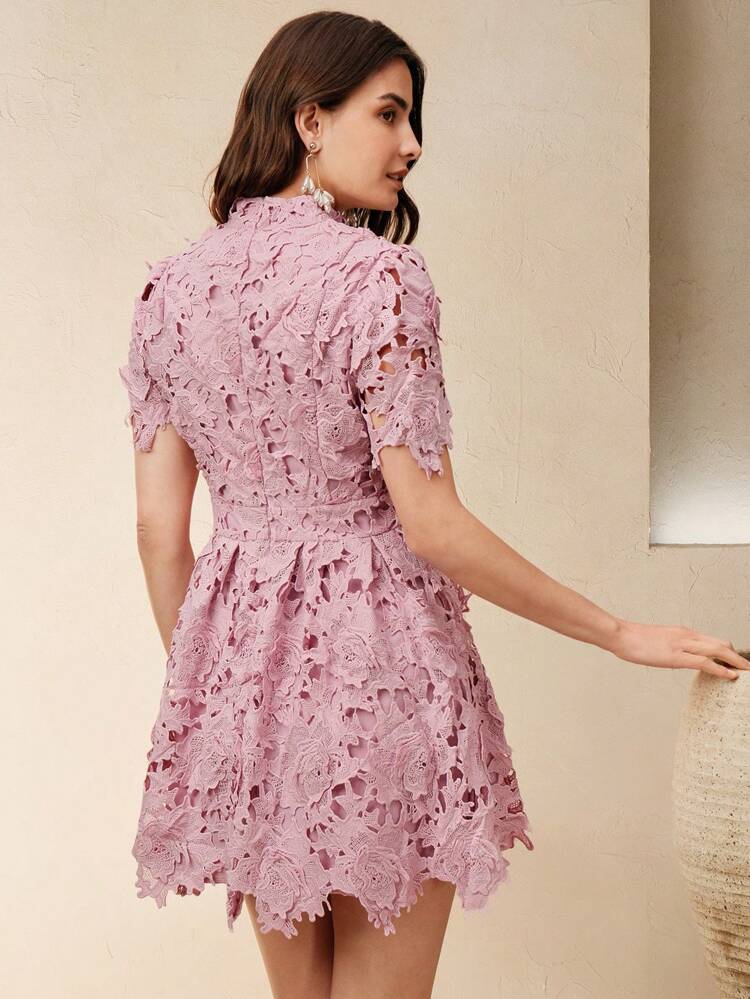 Sukienka damska z krótkim rękawem i kołnierzykiem z kwiatami 3D, ściągana w talii, elegancka, wiosna/lato