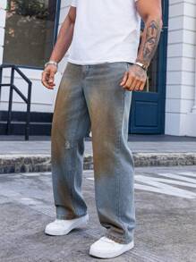 Manfinity Homme Jeans casuales de bolsillo con botón frontal sencillo, para uso diario de hombres - Lavado ligero - Ver 6