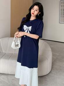 DAZY Women's Bow Patchwork Round Neck Short Sleeve Casual Dress Sundress Maxi Dress - Navy Blue - View 6