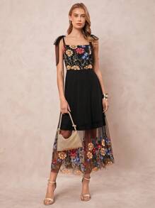 SHEIN Clasi 女士优雅花卉刺绣无袖 A 字系带连衣裙 - 彩色 - 查看 4