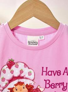 Strawberry Shortcake X SHEIN Young Girl Strawberry Printed Cute Short Cap Sleeve T-Shirt