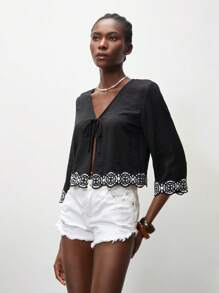 Lumivelle Women's Tie Collar Short Sleeve Lace Solid Blouse, Bohemian Style, Everyday, Vacation, Ruffle