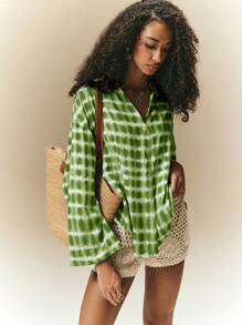 Poéselle Women's Tie-Dye Drop Shoulder Long Sleeve Single Button Casual Shirt - Green - View 3