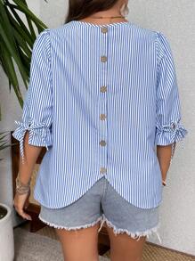 EMERY ROSE Striped Plus Size Shirt With Round Neck, Sleeve Tie, Button Back Decor