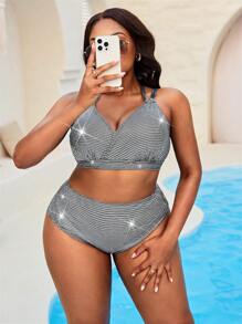 Swim EVENT Plus Size Women 2pcs Glitter Sequin Strap Sexy Bikini Swimwear Set For Summer Beach Vacation - Silver - View 3
