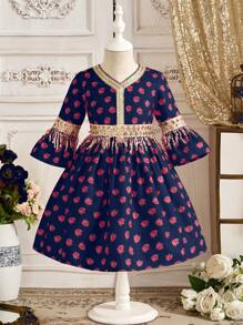 SHEIN 年轻女孩编织碎花V领流苏修身连衣裙 - 藍色 - 查看 2