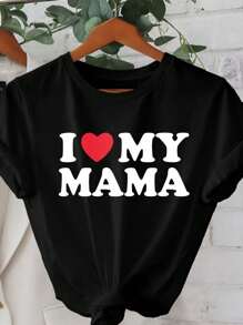 Muchica 休闲简约母亲节“我爱我妈妈”口号印花宽松圆领短袖女式T恤，适合夏季 - 黑色 - 查看 1