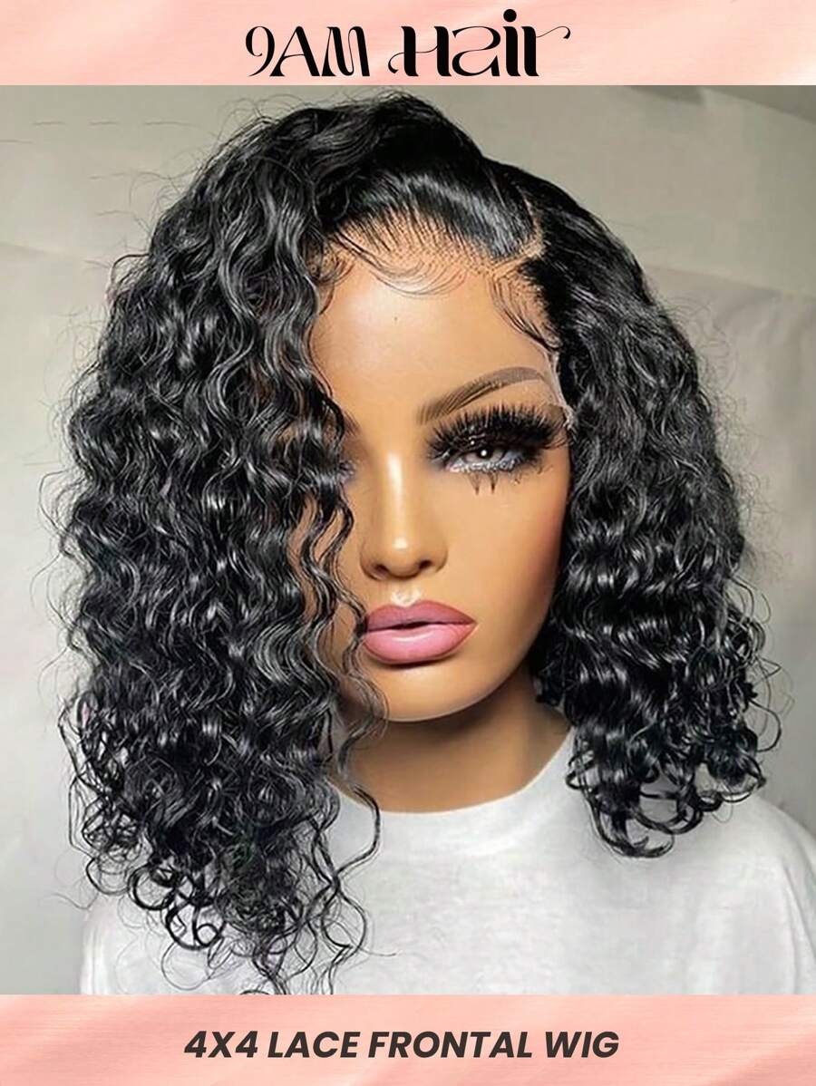 4x4 Deep Wave Bob Wig Human Hair 180% Density Deep Curly 100% Virgin Human Hair Pre Plucked Wet And Wavy Glueless Transparent Lace Frontal Wig For Women Natural Hairline - Natural Black - View 1