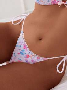 SHEIN Swim Women's Summer Beach, Valentine's Party Floral Print Bowknot Halter Ruffle Bikini Bottom - Multicolor - View 1