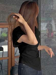 DAZY 女式修身不对称下摆腰部收褶 T 恤夏季 - 黑色 - 查看 6