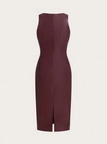 SHEIN Essnce Plus Size Women's Spring And Autumn Fashion Casual Elegant Sexy Wine Red PU Slim Sleeveless Dress,Curve Dress,Bodycon,Y2k Clothes,Birthday Outfits For Women,Western Clothes For Women,Valentine's Day - Burgundy - View 2