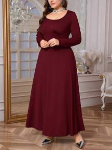 Firerie Plus Size Women's Casual Elegant Minimalist Commuting Daily Wear Square Collar Ruched Tie Long Sleeve Elastic A-Line Dress, Spring/,New Year Formal Red Dresses For Women - Red - View 3