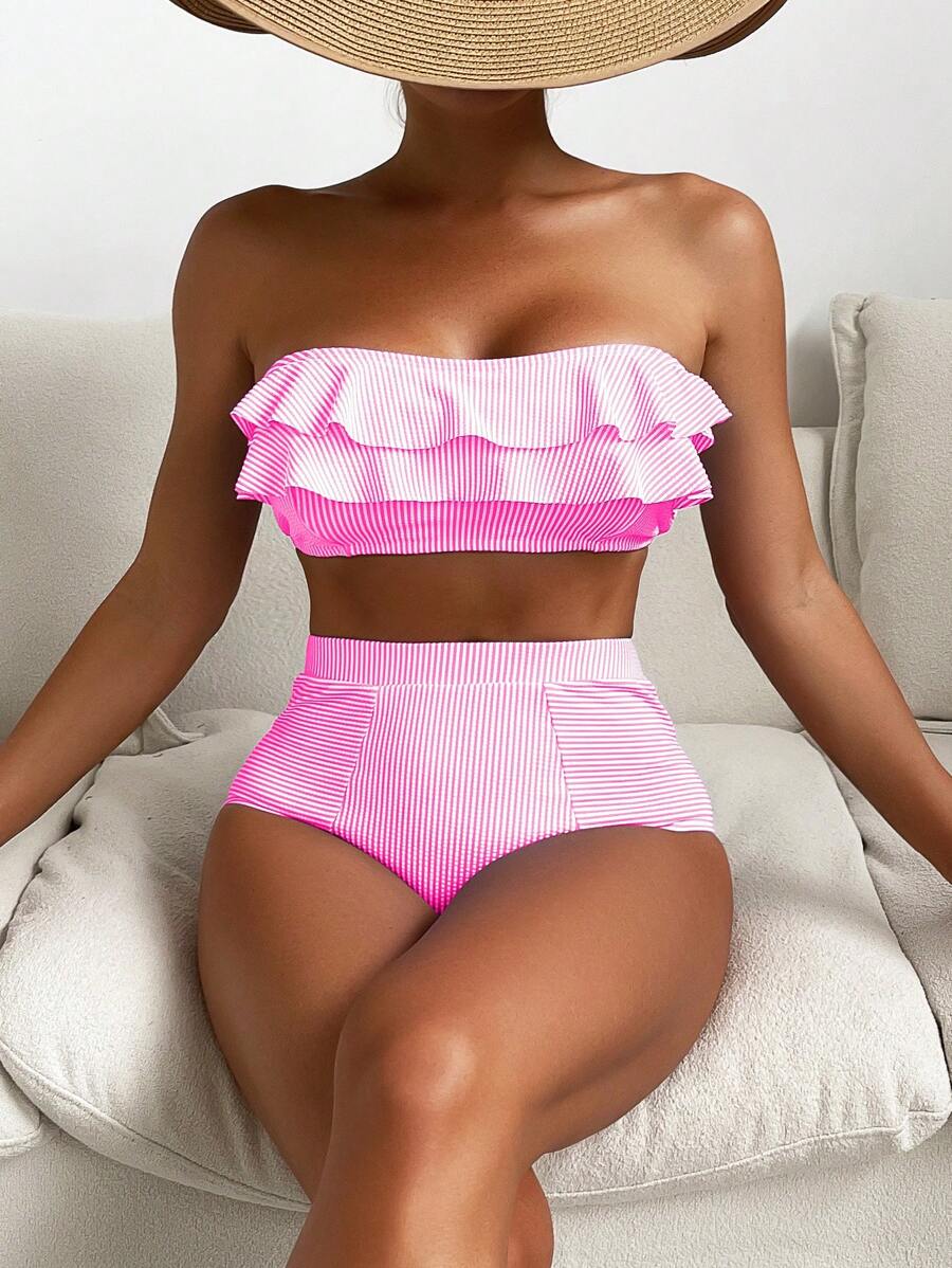 Slaydiva Women's Summer Beach Striped Ruffled Bandeau Sexy Bikini Swimwear Set - Hot Pink - View 1